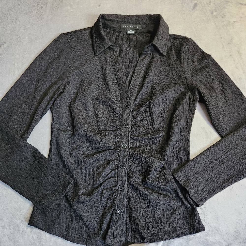 Sanctuary Women's Black Ruched Crinkle Button Up Blouse Top M Worn Once Medium